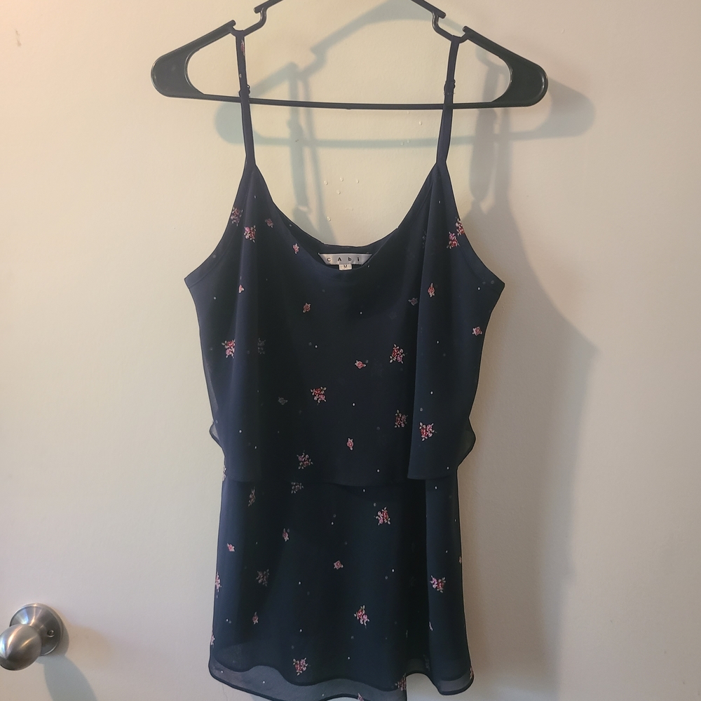 CAbi Navy Blue Camisole with Pink Floral Accents